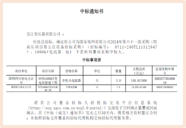 我司中標(biāo)國(guó)網(wǎng)1000kV電抗器